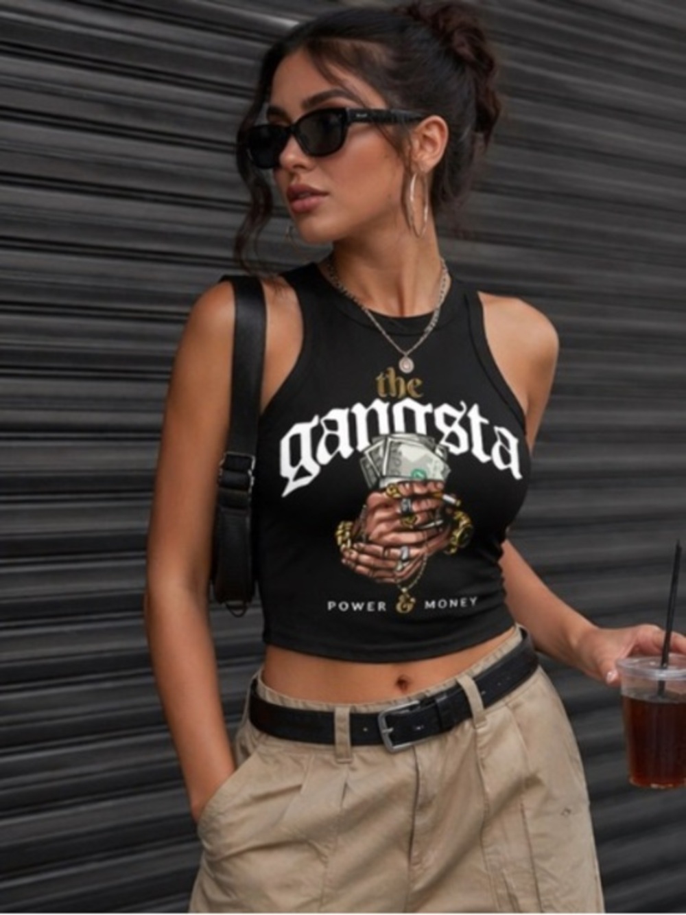 Black 'The Gangsta' Graphic Crop Tank Top